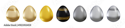 Easter eggs set Happy easter painted gold, silver and black eggs with decorations for celebrations, spring holidays
