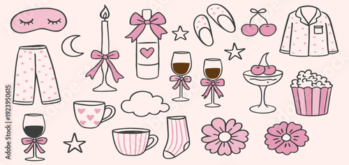 Cute Pink Girly Doodle Clipart Set Cozy Pajama, Cupcake, Wine & Floral Kawaii Collection