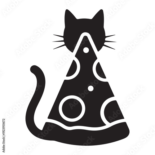 Black cat sitting with tail curled to side and white spots on body