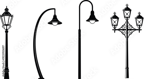 Street lamp silhouettes collection isolated on white background vintage modern outdoor lighting lantern city park vector illustration set