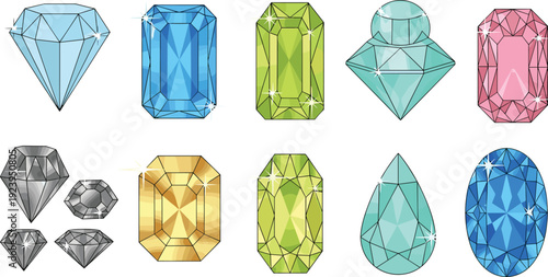 Colorful gemstone collection illustration sparkling crystal diamonds vector set luxury jewel shapes faceted precious stones isolated on white background