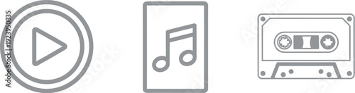 Minimalist icons representing media playback, music notes, and cassette tapes