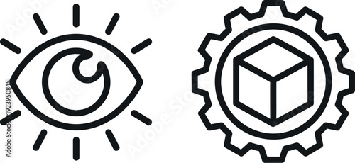 Eye with sun rays and gear with cube symbolizing technology and vision integration
