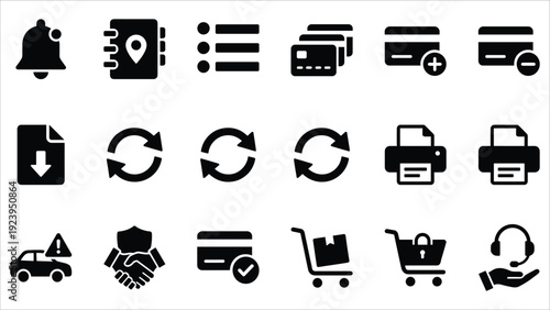 Set of 18 Black Flat Business Service Icons Vector