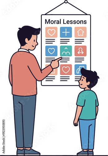 Father teaching moral lessons and ethics to his young son using an educational poster in flat vector style.