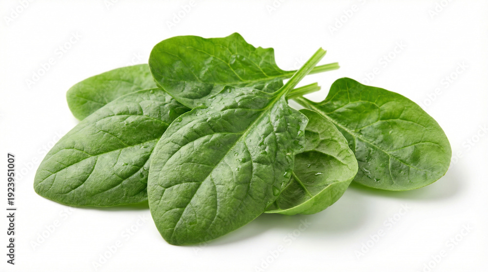 Fototapeta premium Fresh green spinach leaves arranged naturally, isolated on pure white background