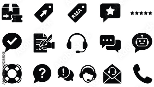 Customer Service and Support Black Icon Set Vector