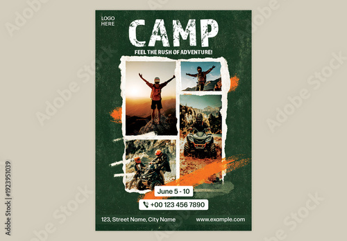 Editable Adventure Summer Camp Flyer Template Design with Photo Collage for Outdoor Activity Event Promotion.