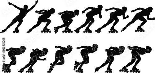 Inline speed skating silhouettes sequence isolated on white background roller skating athlete motion sport racing vector illustration set