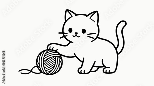A charming cartoon illustration of a playful white kitten batting at a ball of yarn with its paw.
