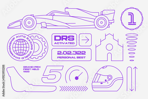 Set streetwear auto racing line cartoon stickers. Sport Race Car Driving Championship vector illustration. Outline is editable