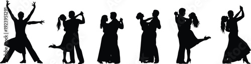 Dancing couple silhouettes ballroom tango waltz poses isolated on white background romantic dance partners vector illustration set