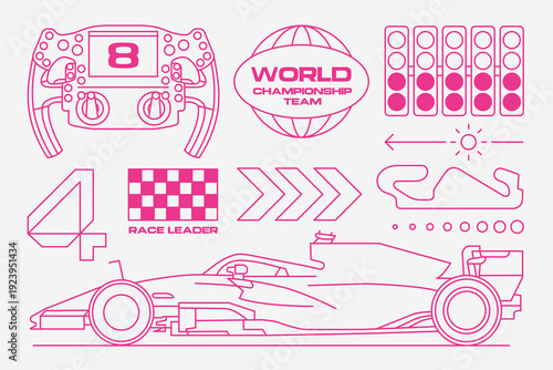 Set streetwear auto racing line cartoon stickers. Sport Race Car Driving Championship vector illustration. Outline is editable