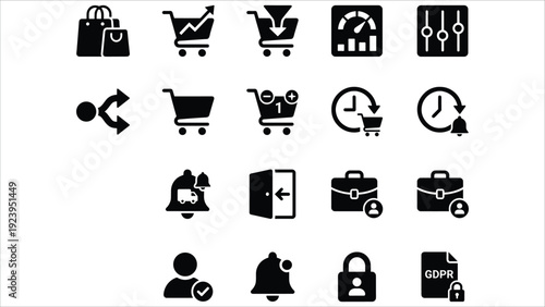Set of 18 Black E-commerce and Business Flat Icons Vector