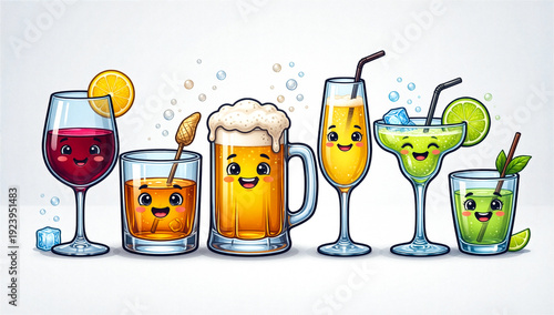 Clean Cartoon Alcoholic Beverages Set with Various Glass Types