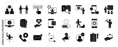 User onboarding solid vector icon collection, welcome, sign up, user guide, tutorial, steps, promotion, login and more. EPS 10