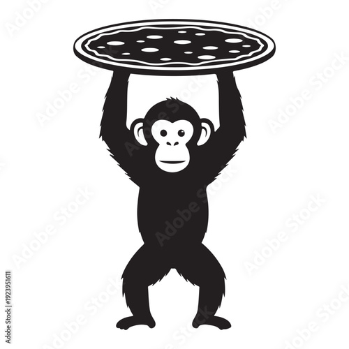 Monkey holding a pizza above its head in black and white