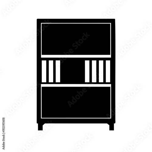 Silhouette illustration of a shelving unit with vertical book dividers on middle shelf