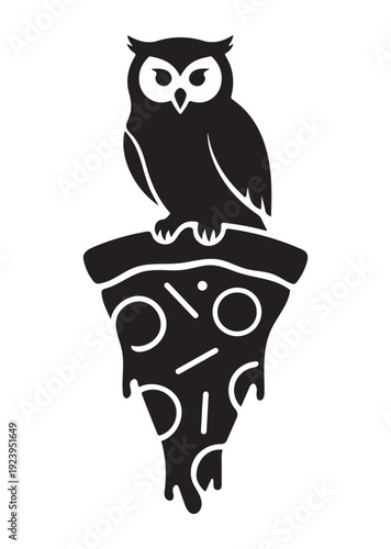 Owl sitting on a slice of pizza with melted cheese and toppings silhouette