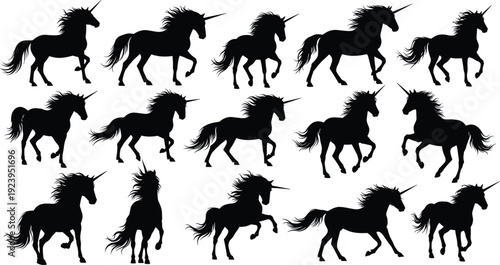 Unicorn silhouettes collection isolated on white background fantasy mythical horse creature magic fairytale vector illustration set