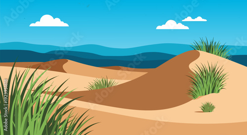 Stylized Desert Vector Illustration Featuring Rolling Sand Dunes, Sparse Vegetation, and Distant Mountain Ranges