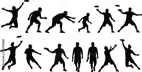 Ultimate frisbee player silhouette collection illustration flying disc throw catch action vector set outdoor team sport poses isolated on white background