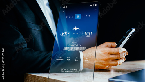 Man in suit using futuristic glass phone screen showing electronic airline ticket, contactless check-in technology, online booking application, modern travel innovation 