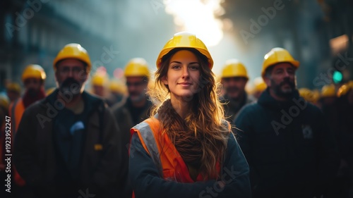 Confident construction workers in safety gear stand united on city street, symbolizing teamwork, empowerment, and the spirit of Labour Day for projects, International Workers' Day, featuring 1 May