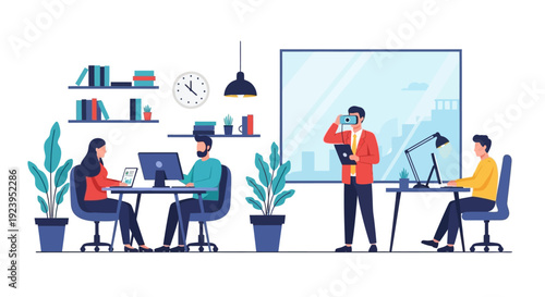 Modern Office Workplace: Diverse Team Collaborating, Working on Computers, and Creating Digital Content with Technology Illustration