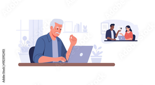 Senior Man Learning Online with Laptop, Receiving Remote Guidance from Younger Professionals. Embracing Digital Skills and Intergenerational Mentorship.