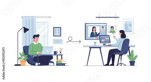 Remote Work and Virtual Collaboration Illustration: People Connecting Globally Through Online Video Meetings from Home Offices