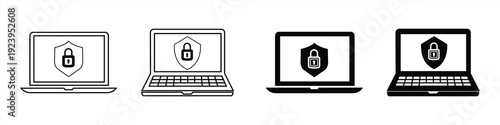 Icon set of laptop with shield and padlock. Protecting confidential information or data. Cybersecurity. Vector illustration.