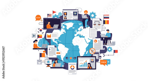 Global Digital Collaboration and Online Communication Network. Diverse people working remotely, e-learning, and international business services around the world.