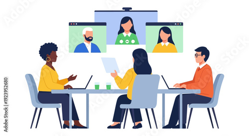Hybrid Team Meeting with Video Conference: Professionals Collaborating Remotely and In-Person