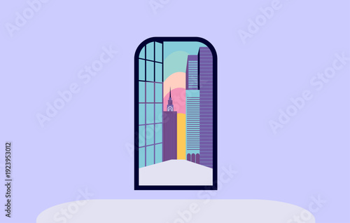 window in the center and abstract buildings. Vector illustration of open window. 
