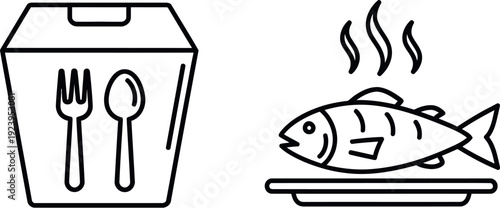 Takeout meal featuring a steamed fish dish with utensils included