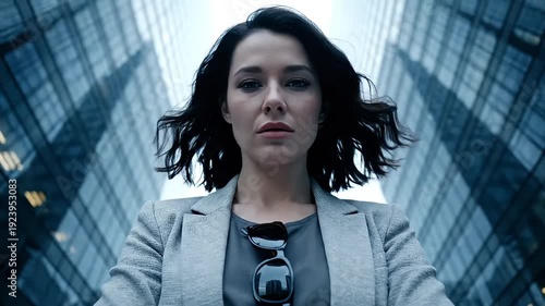 Serious businesswoman standing confidently below towering modern corporate skyscrapers in a city.