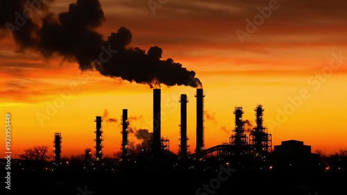 Silhouetted industrial plant smokestacks polluting the vibrant orange sky during a dramatic sunset.
