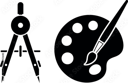 Classic tools of the artist and draftsperson displayed in black and white contrast