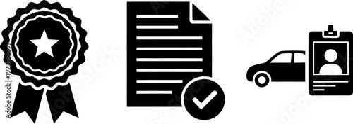 Icons representing certification, document verification, and driver identification