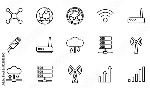 Minimal Thin Line Network Icons Set with Connection and Broadband Symbols