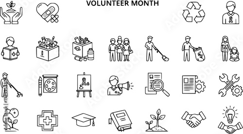 Volunteer Month Icons: Community, Charity, Sustainability, Education  Health