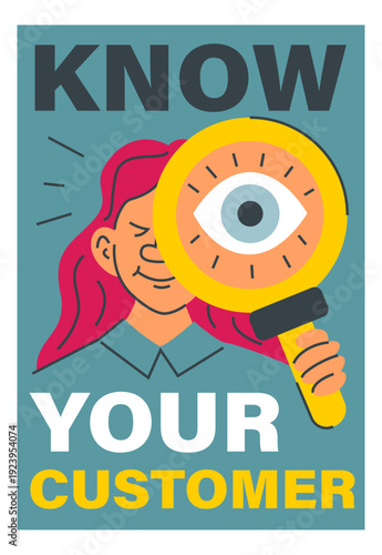 Know your customer web banner design vector isolated. Illustration of a woman holding magnifying glass. KYC or know your customer concept in business.