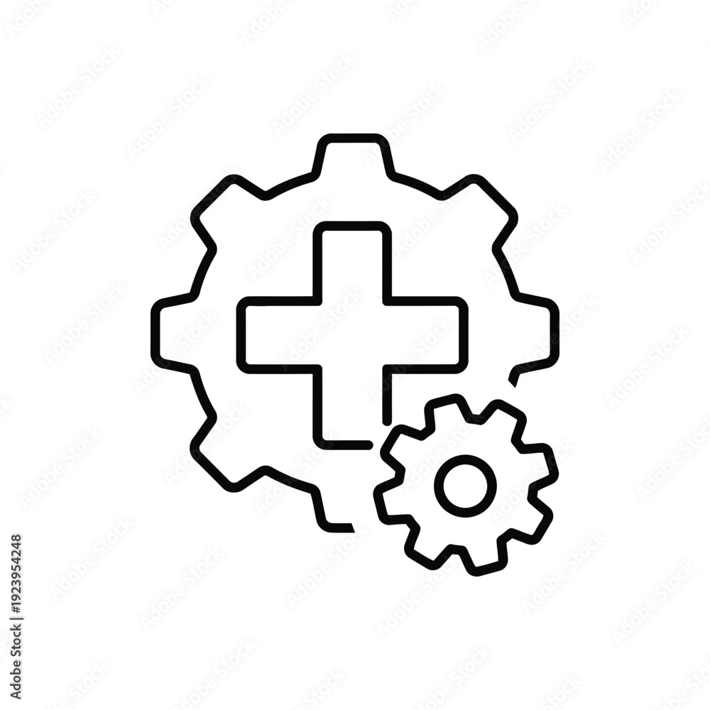 Obraz premium Cross symbol within a large cogwheel and a smaller gear, representing medical engineering or healthcare technology solutions
