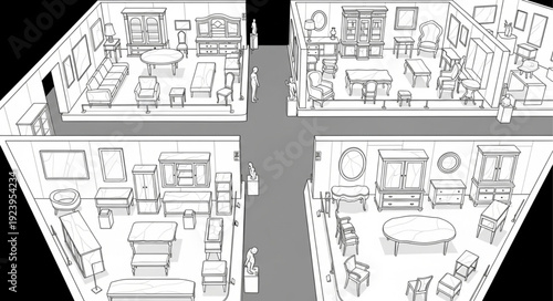 Detailed architectural layout showcasing interior design elements and furniture arrangements.