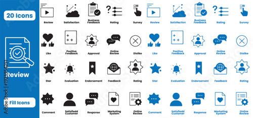 20 Review icon set. featuring business feedback, like, testimonial, satisfaction, opinion, dislike, customer, Survey, Response, marketing system and more. vector illustration.