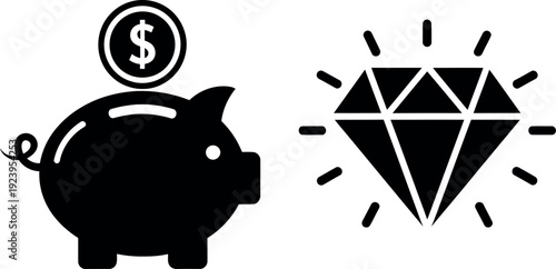Black and white piggy bank with coin and gemstone illustration
