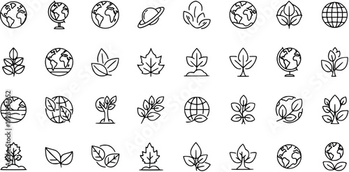 Eco-friendly Nature  Environment Line Icons Set: Earth, Leaves, Trees, Global Ecology