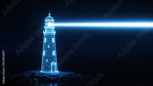 High-tech digital lighthouse emitting a strong blue light beam as a futuristic concept of guidance