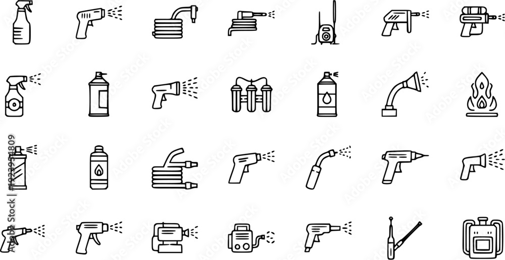 Fototapeta premium Cleaning Spraying Equipment Icons Set - Line Art Vector Graphics
